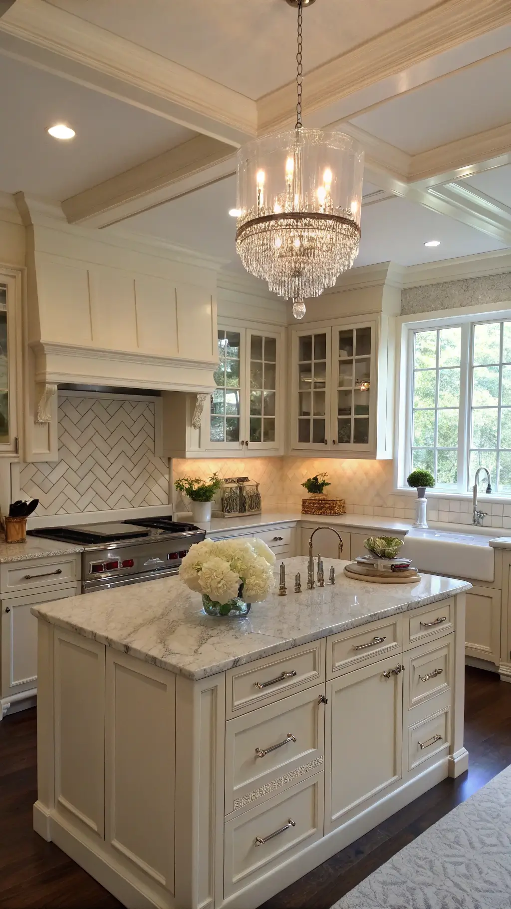 Transitional kitchen with cream-colored Shaker cabinets, marble-topped island, crystal chandelier, herringbone tile backsplash, and vintage-inspired barware in soft afternoon light.