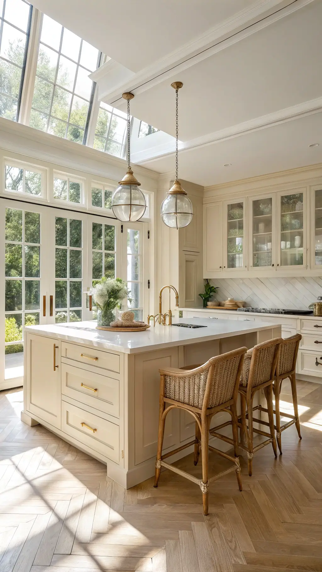 Morning sunlight illuminates a bright and spacious 12x15ft kitchen with cream beige cabinets, marble countertops, white oak herringbone floor, and a large center island with rattan barstools, captured from the entrance with a natural diffused lighting effect.