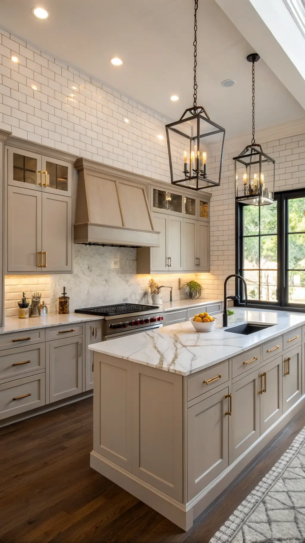 Elegant L-shaped kitchen with putty taupe cabinets, a marble waterfall island, textured white subway tile backsplash, matte black fixtures, and industrial-style pendant lights during golden hour.