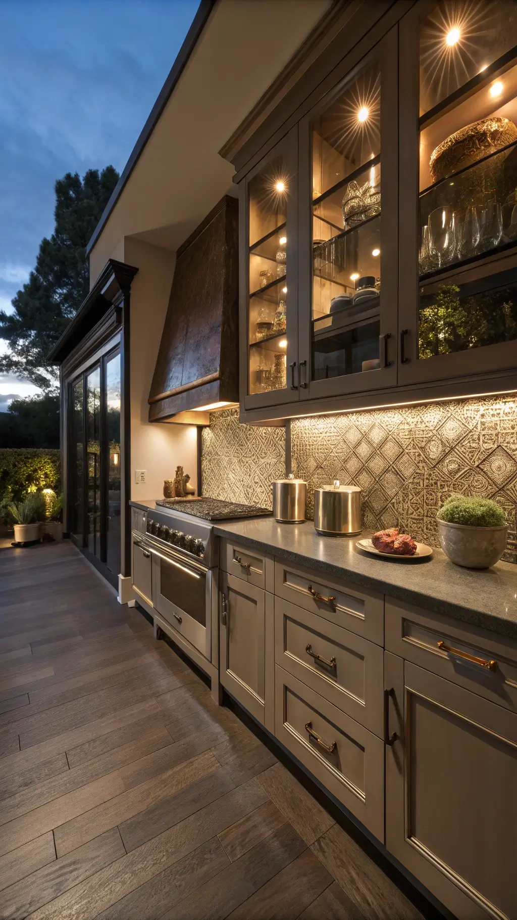 Low-angle shot of an intimate galley kitchen with smokey taupe cabinets, integrated appliances, metallic mosaic backsplash illuminated by under-cabinet lighting, mixed metal finishes, artisanal pottery on open shelves, and dark walnut floors at dusk.