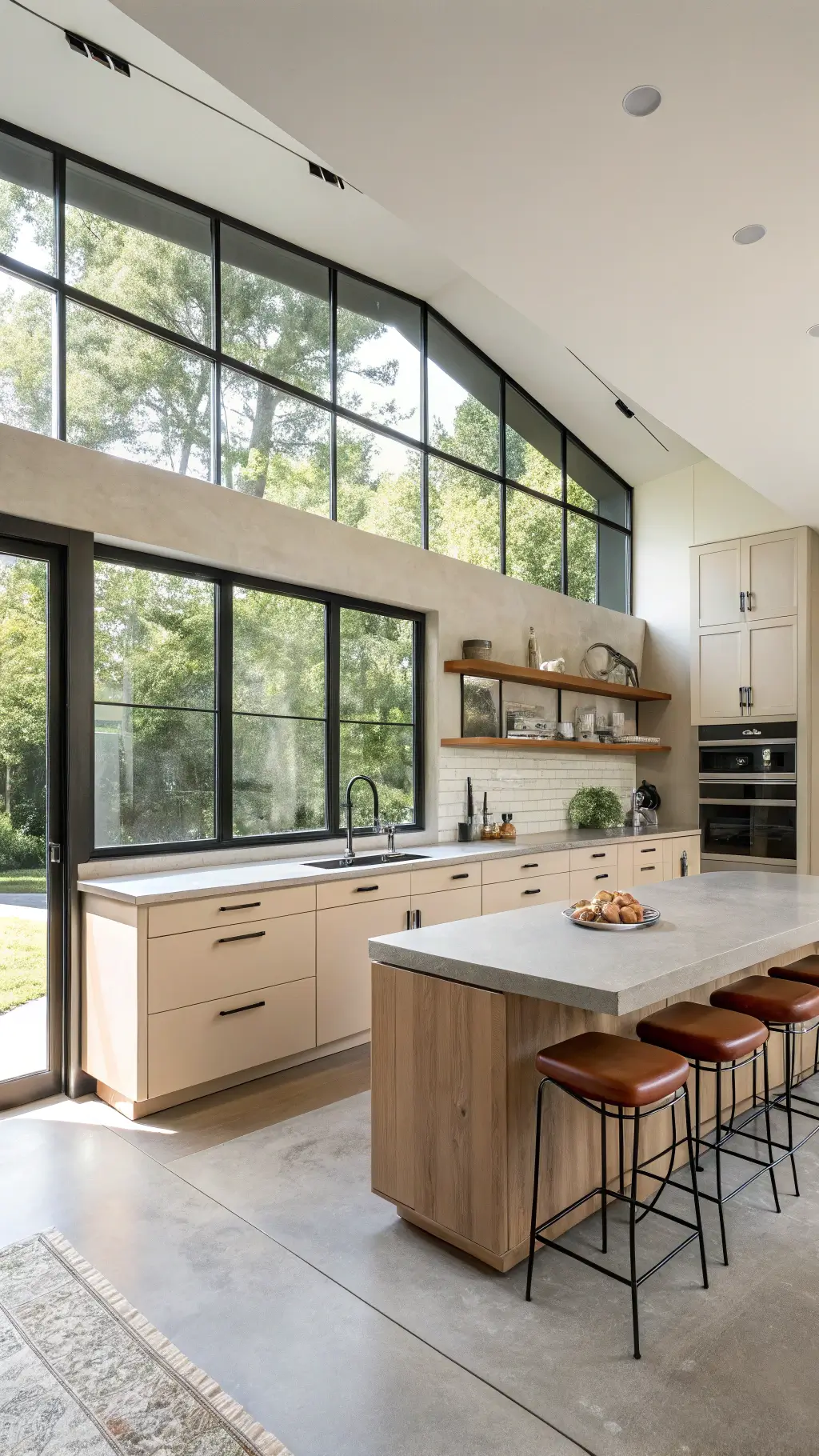 Sunlit contemporary kitchen with Safari beige cabinets, concrete countertops, floating wooden shelves, leather and metal barstools, and large black-framed windows reflecting natural light.