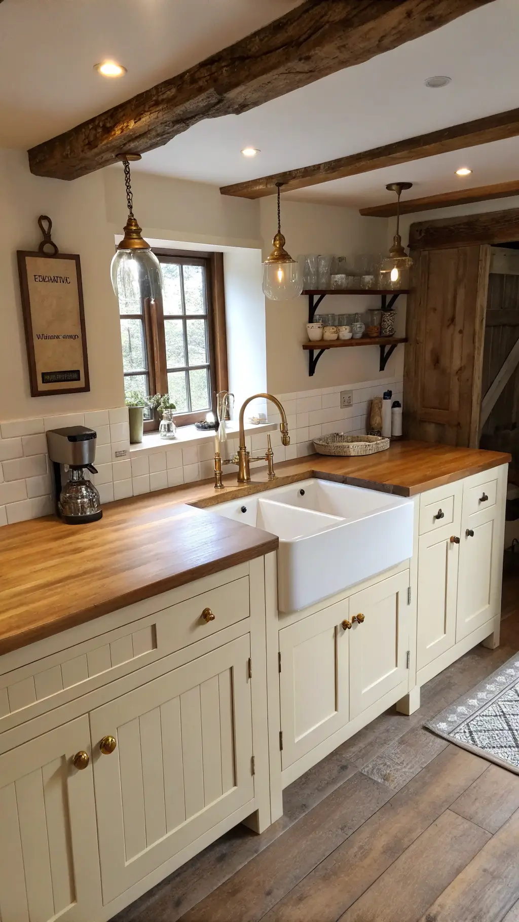 Farmhouse-style kitchen with beige shaker cabinets, white oak island, vintage copper pendants, cream ceramic sink, and exposed wooden beams in warm afternoon light