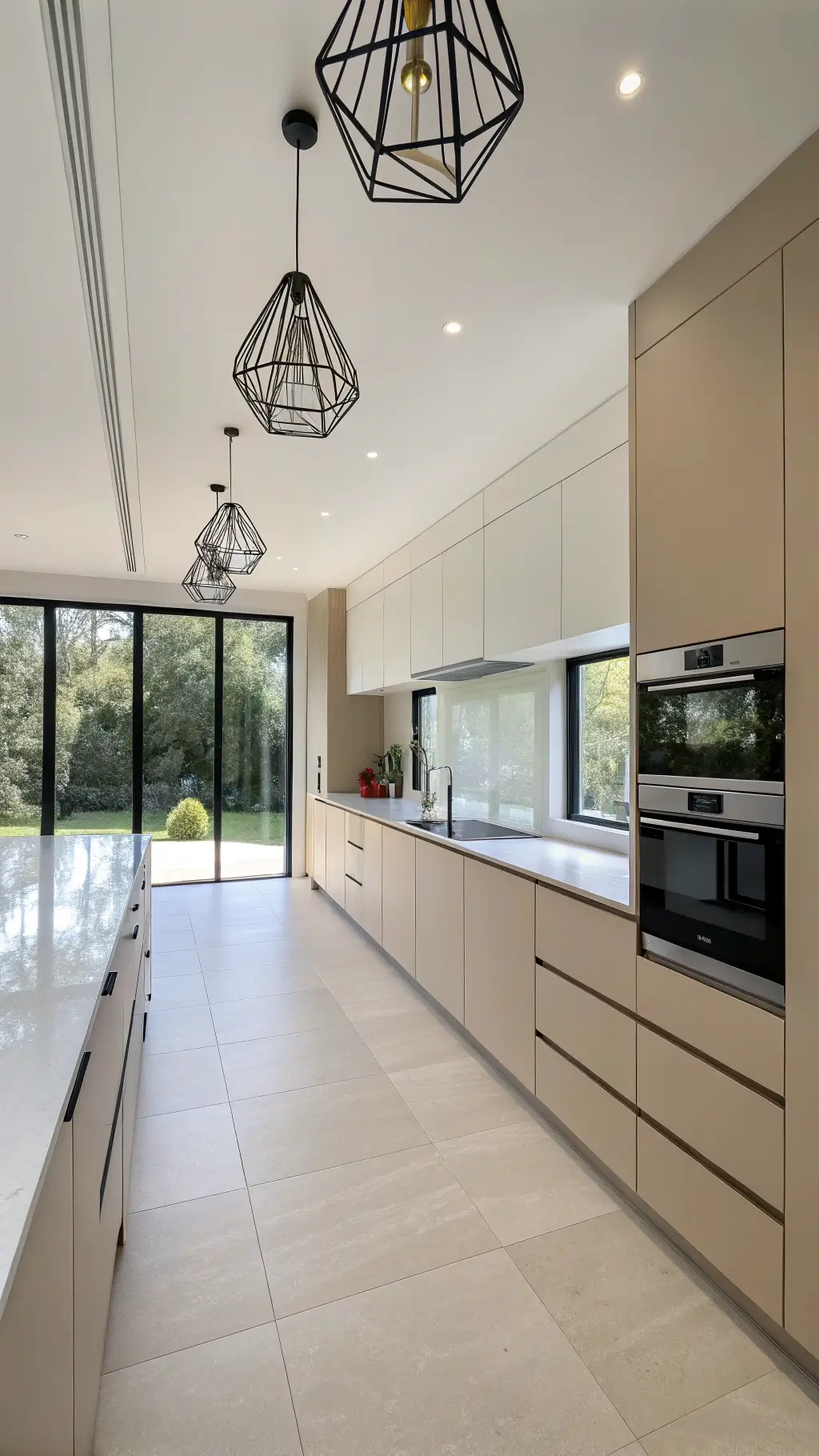 Modern minimalist kitchen with beige flat-panel cabinets, white quartz countertops, brushed steel appliances, and geometric pendant lights, illuminated by natural light from floor-to-ceiling windows.