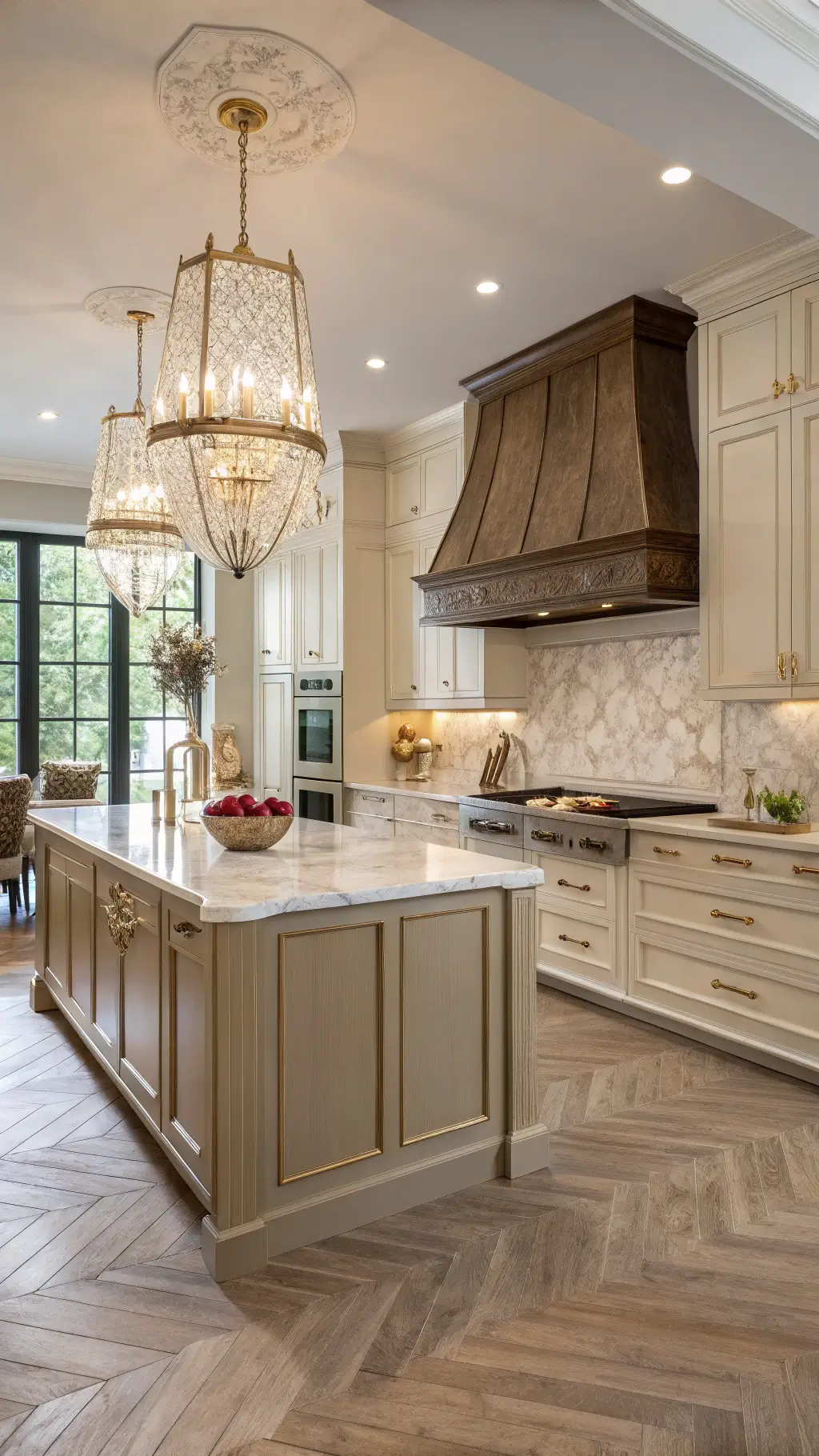 Open-concept transitional kitchen with two-tone beige cabinets, brass-strapped hood, marble hexagon backsplash, crystal chandelier over a large, detailed island, and herringbone wood floors, viewed from the adjacent dining area.