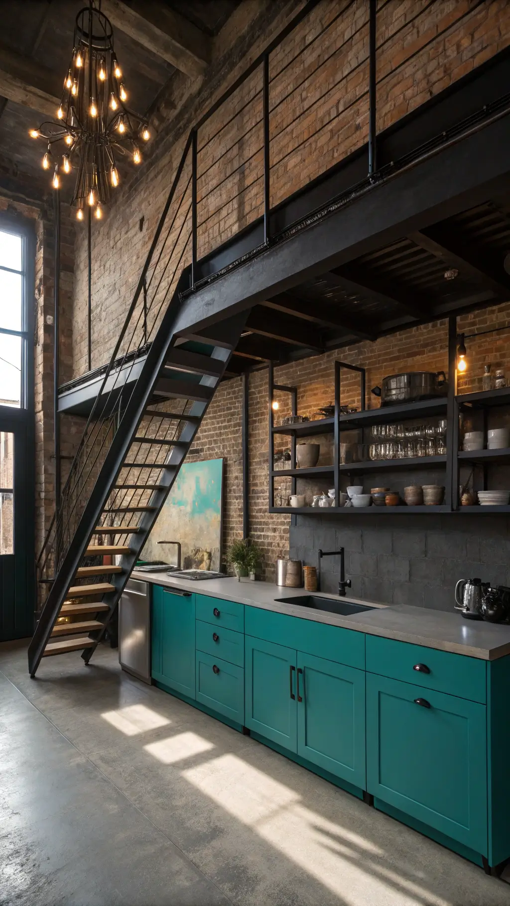 Diagonal view of an industrial style loft kitchen bathed in afternoon light, featuring teal metal cabinets, concrete countertops, exposed brick wall and steel ductwork, illuminated by a vintage Edison bulb chandelier casting dramatic shadows.