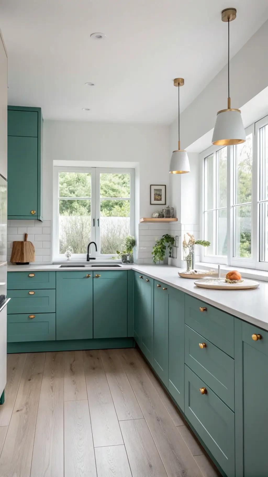 Scandinavian-inspired compact kitchen with teal flat-panel cabinets, pale oak floors, white walls, and simple brushed brass pendant, furnished with white ceramics and pale woods under diffused northern light.