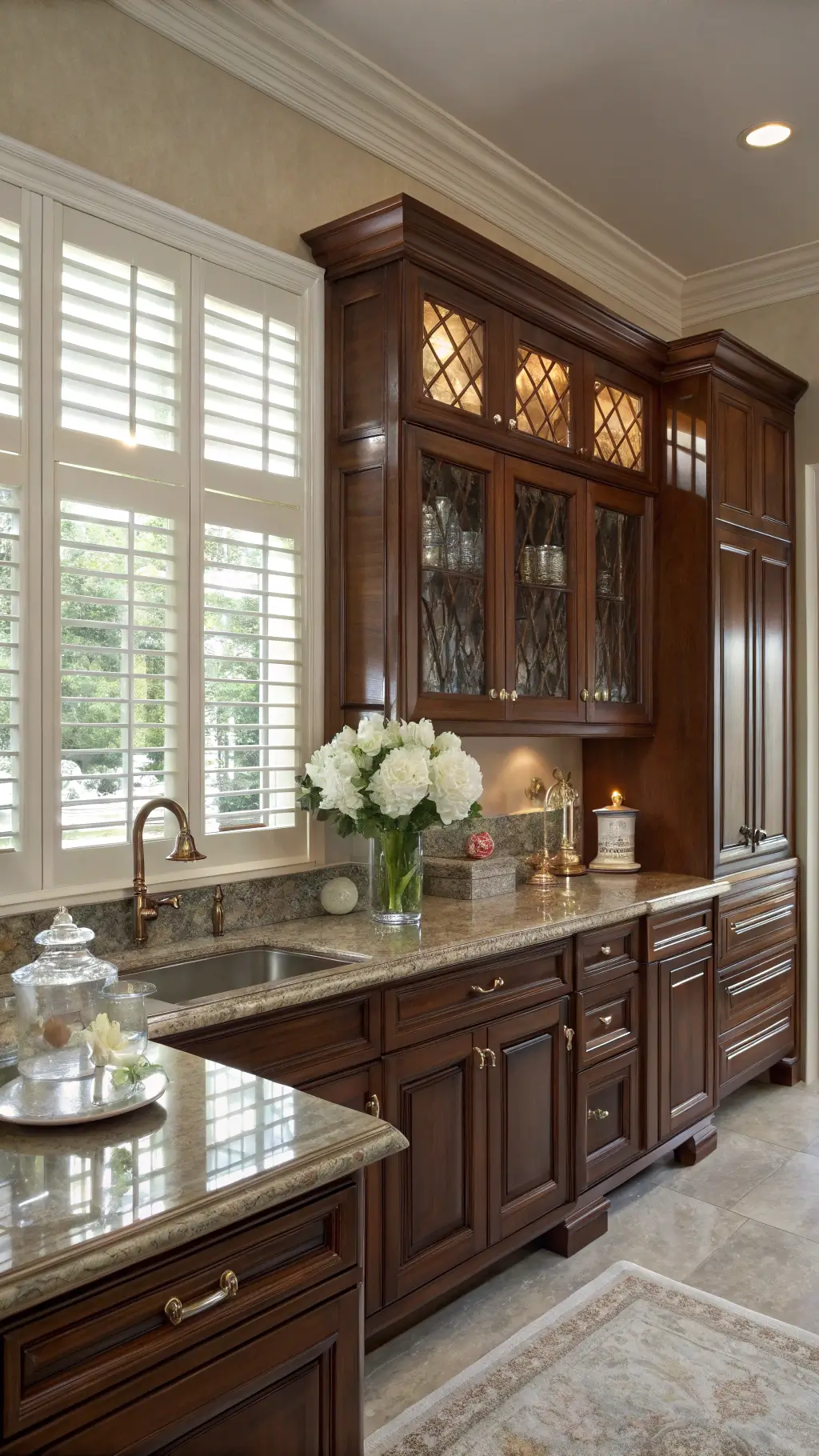 Elegant traditional kitchen with mahogany cabinets, granite counters, brass fixtures and white peonies in crystal vase, capturing fine craftsmanship and classic design elements.