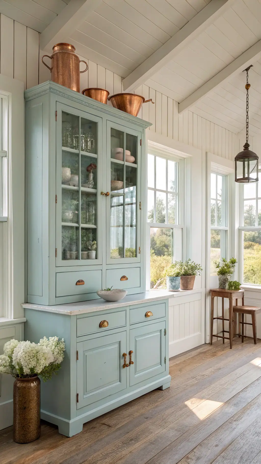 Early morning sun highlighting a robin's egg blue antique Swedish cabinet in a sunlit farmhouse kitchen with cream marble countertops, copper pots, and fresh hydrangeas.