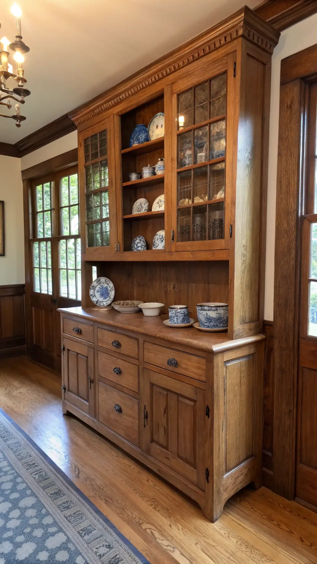 19th century American butler's pantry featuring a restored pine cabinet filled with blue willow china and antique crocks, under a warm late afternoon light filtering through leaded glass windows.
