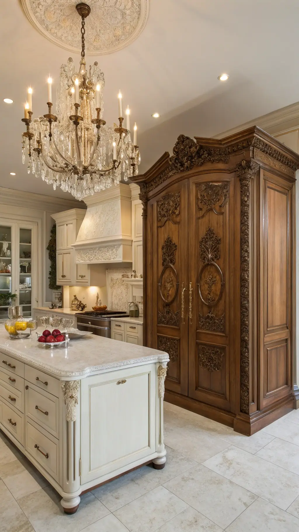 Grand European-style kitchen with carved walnut French armoire pantry, crystal chandelier, baroque carvings, and Calacatta marble, styled with silver serving pieces and old copper molds.