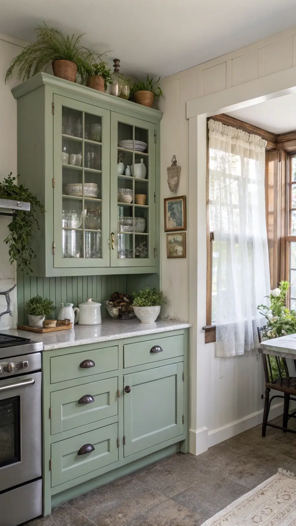 Vintage-modern kitchen with sage green English corner cabinet, stainless appliances, concrete counters, sheer cafe curtains, and potted herbs