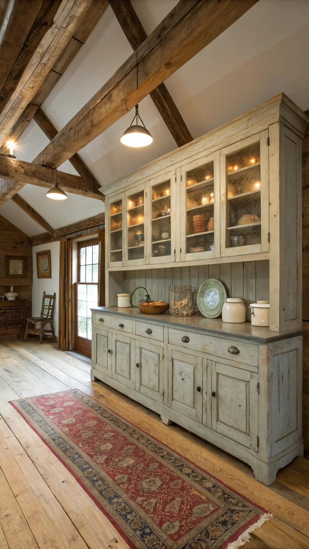 19th century rustic kitchen with pine hutch, vintage enamelware, earthenware crocks, wooden beams, plank floors, and a colorful vintage rug, illuminated by skylights and rim lights.