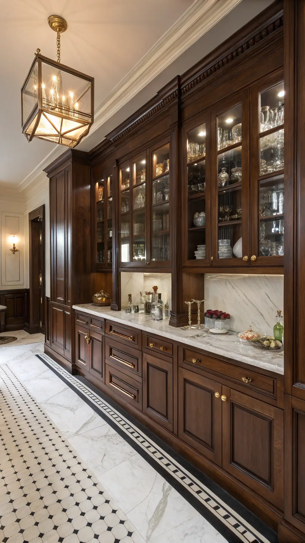 Victorian butler's pantry with mahogany cabinets and vintage barware, illuminated by evening light from sconces, against a black and white marble floor.