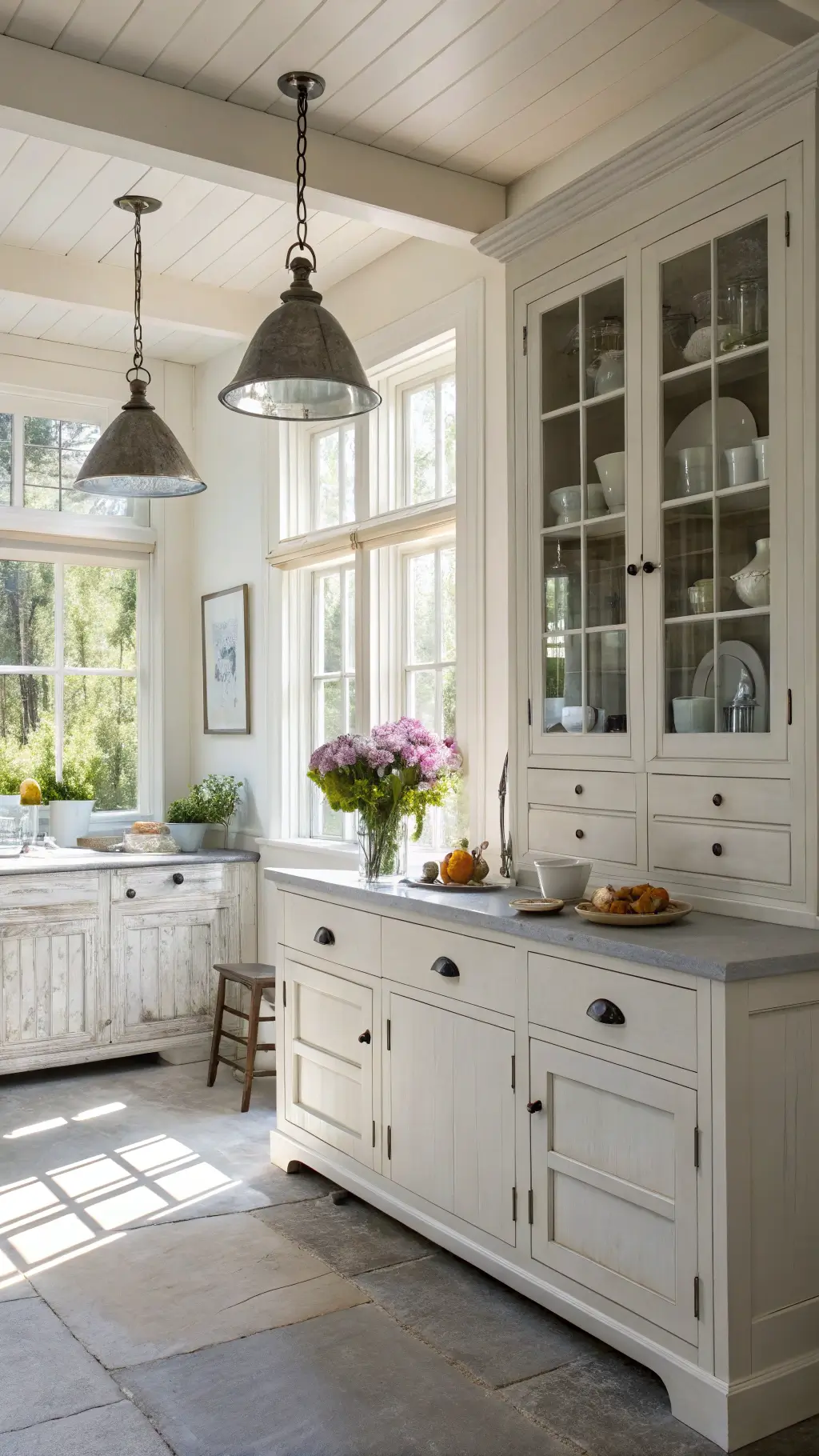 Bright, sunlit modern farmhouse kitchen with a restored white Gustavian cabinet, soapstone counters, industrial pendants, and decorated with white pottery, vintage linens, and fresh market flowers.