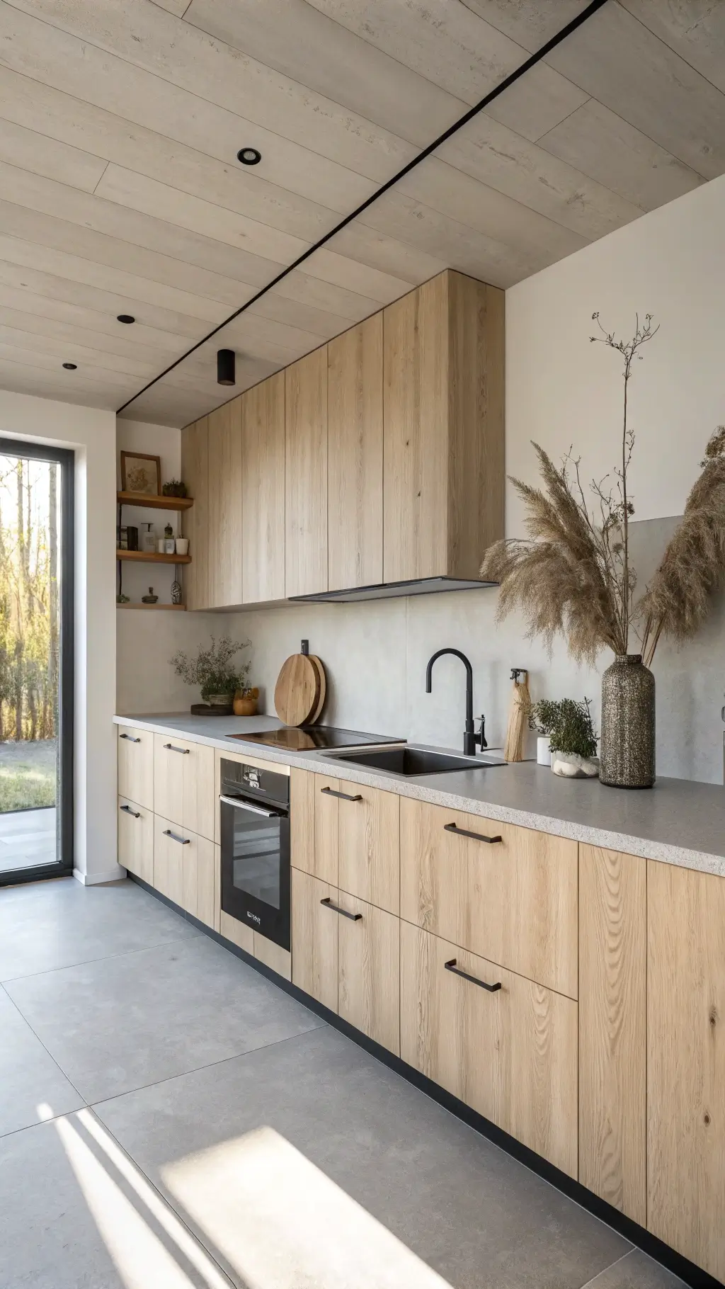Scandinavian-style compact kitchen with bleached white oak cabinets, concrete countertops, minimalist black accents, and styled with pale ceramics and dried botanicals under soft north-facing light.