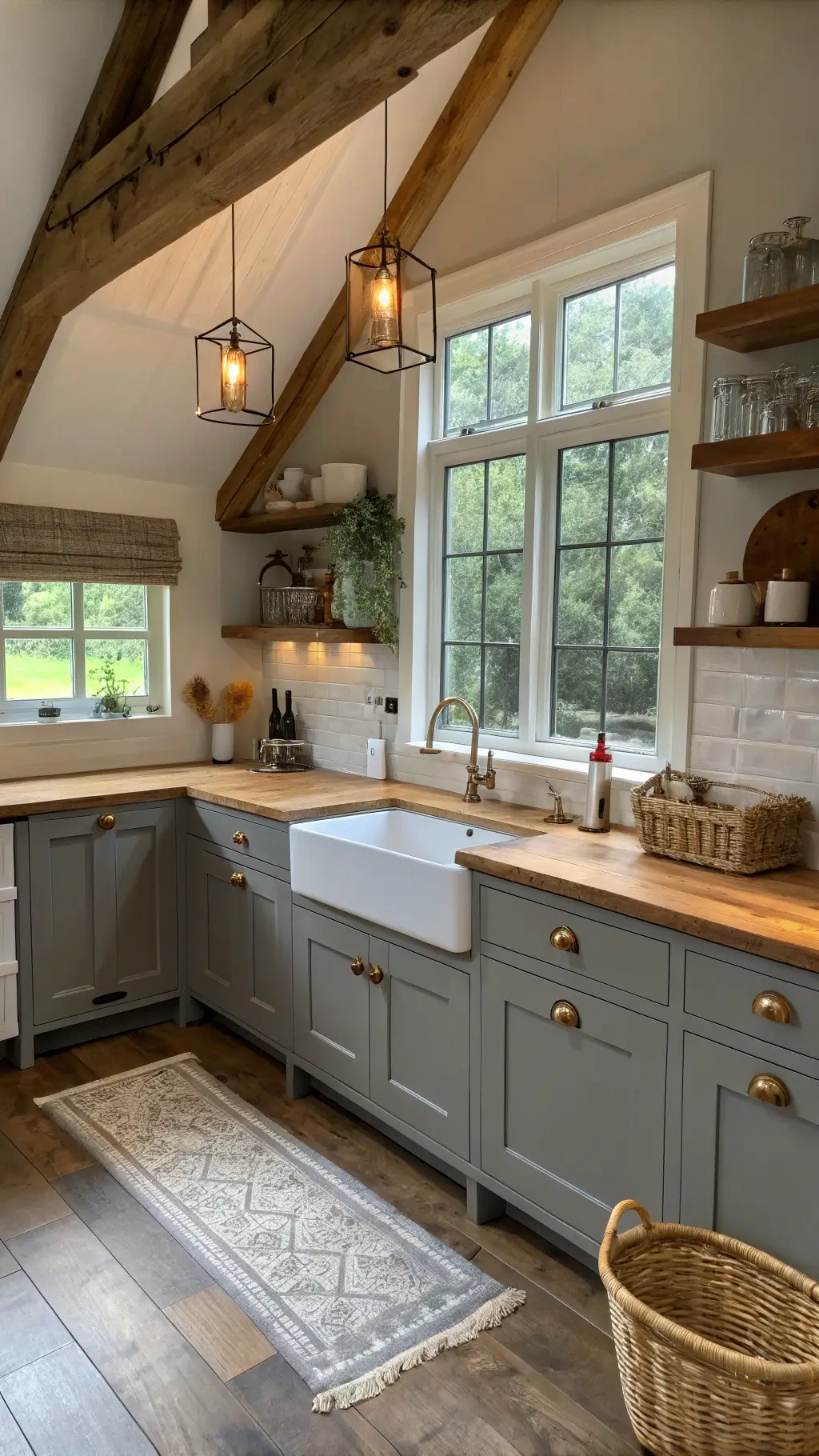 Cozy farmhouse-style kitchen with warm grey cabinets, butcher block island top, and vintage brass pulls. Features include a white farmhouse style sink, exposed beams, and antique copper accents.