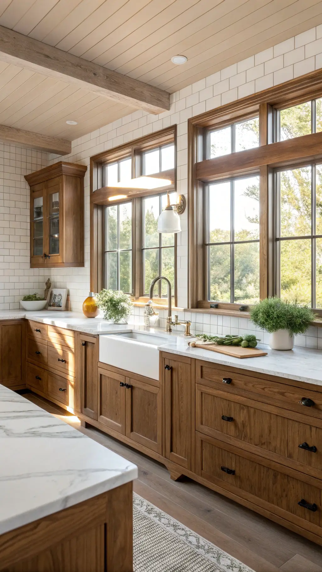 Sunny modern 12x15ft farmhouse kitchen with quarter-sawn oak cabinets, marble countertops styled with ceramic bowls and fresh herbs, white subway tile backsplash, and gleaming brass hardware, shot in soft, diffused lighting