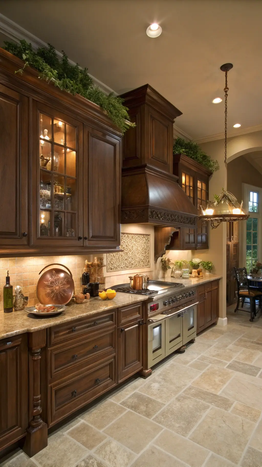 Low angle view of a traditional kitchen at dusk with custom walnut cabinets, Calacatta gold countertops, copper cookware and vintage accessories in rich jewel tones