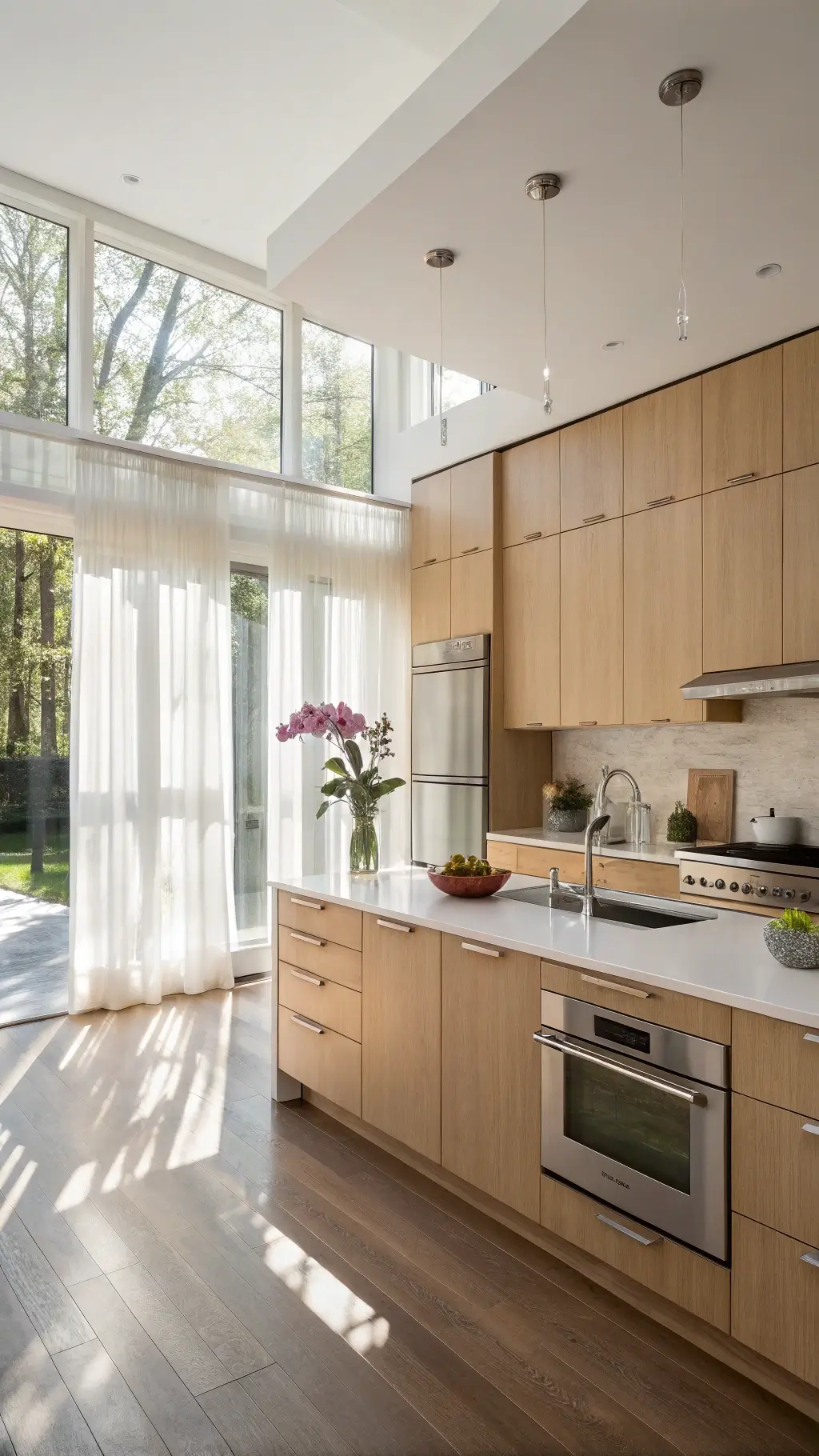 Aerial view of a sunlit minimalist kitchen featuring high ceilings, maple cabinets, white ceramics, a waterfall island, stainless steel appliances, with an orchid as a centerpiece.