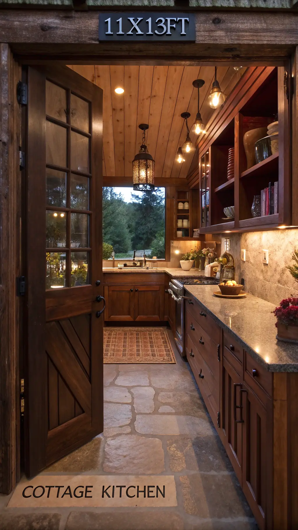 Vintage cottage kitchen with distressed cherry cabinets, soapstone counters lit by warm pendant lights, and open shelving displaying antique tableware and cookbooks at twilight.