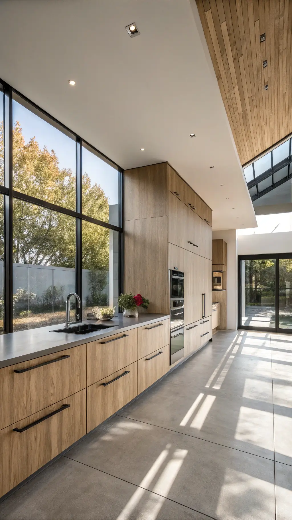 Modern, minimalist 15x18ft chef's kitchen with sleek white oak cabinets, black ceramics, brushed steel accents, and polished concrete floors, illuminated by mid-morning light through steel-framed windows, reflecting a cool, sophisticated atmosphere with Scandinavian influence.