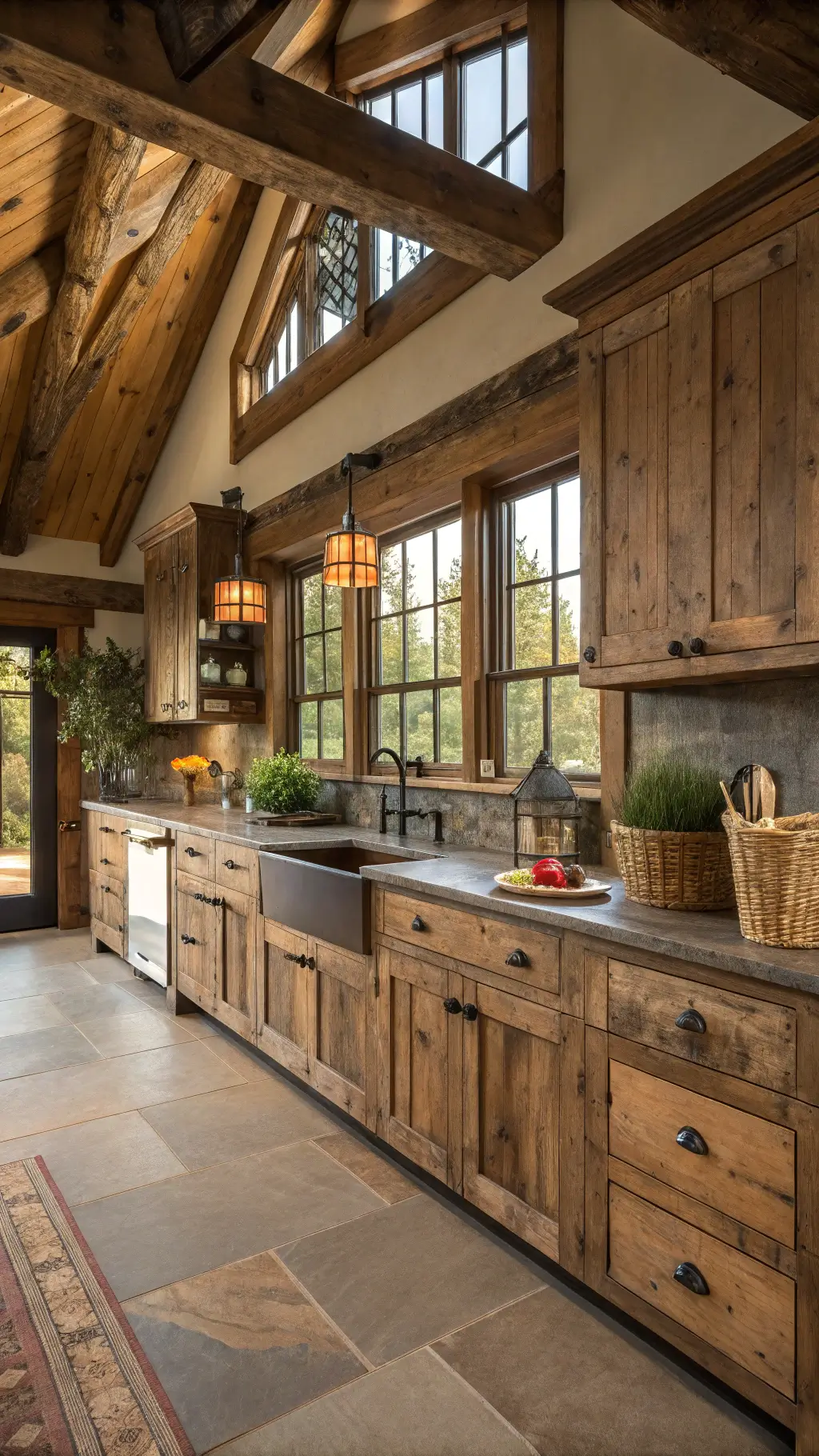 Rustic mountain kitchen with vaulted ceiling, reclaimed barn wood cabinets, iron fixtures, and vintage decor, bathed in late afternoon light streaming through dormer windows.