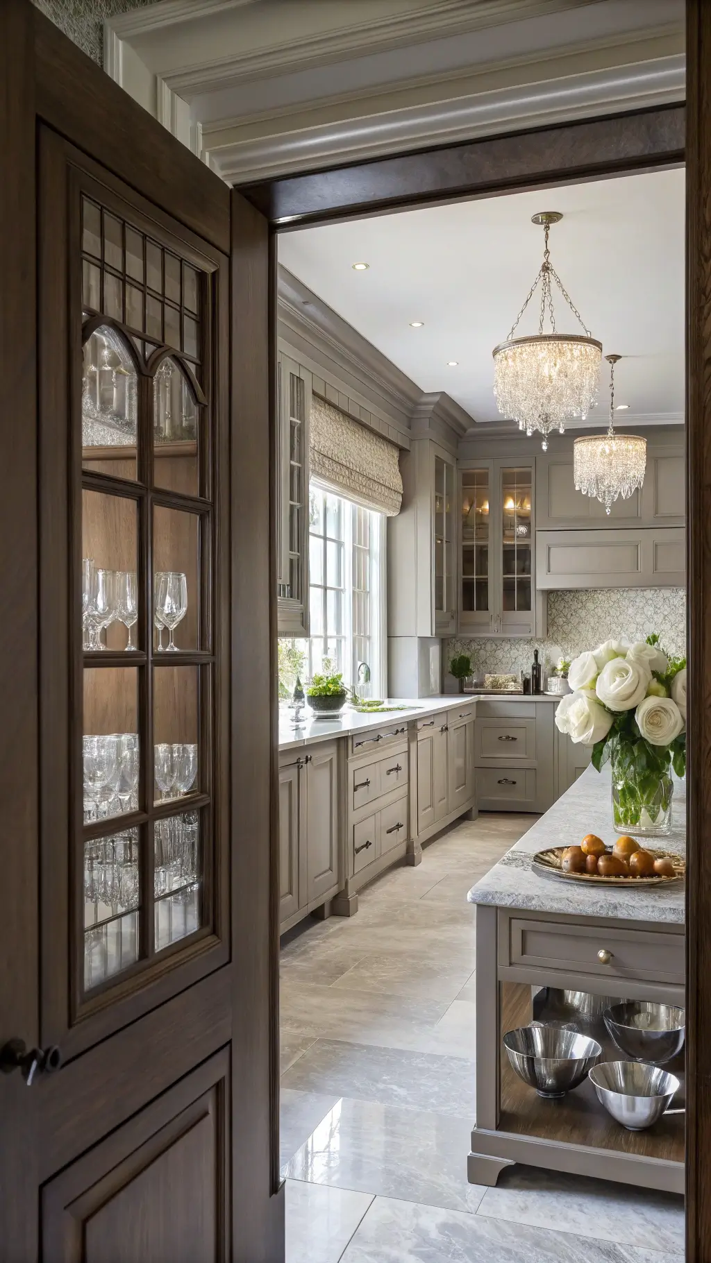 Elegant transitional kitchen with warm gray quarter-sawn oak cabinets, white roses, and vintage crystal decanters, viewed through butler's pantry door with afternoon light filtering through roman shades