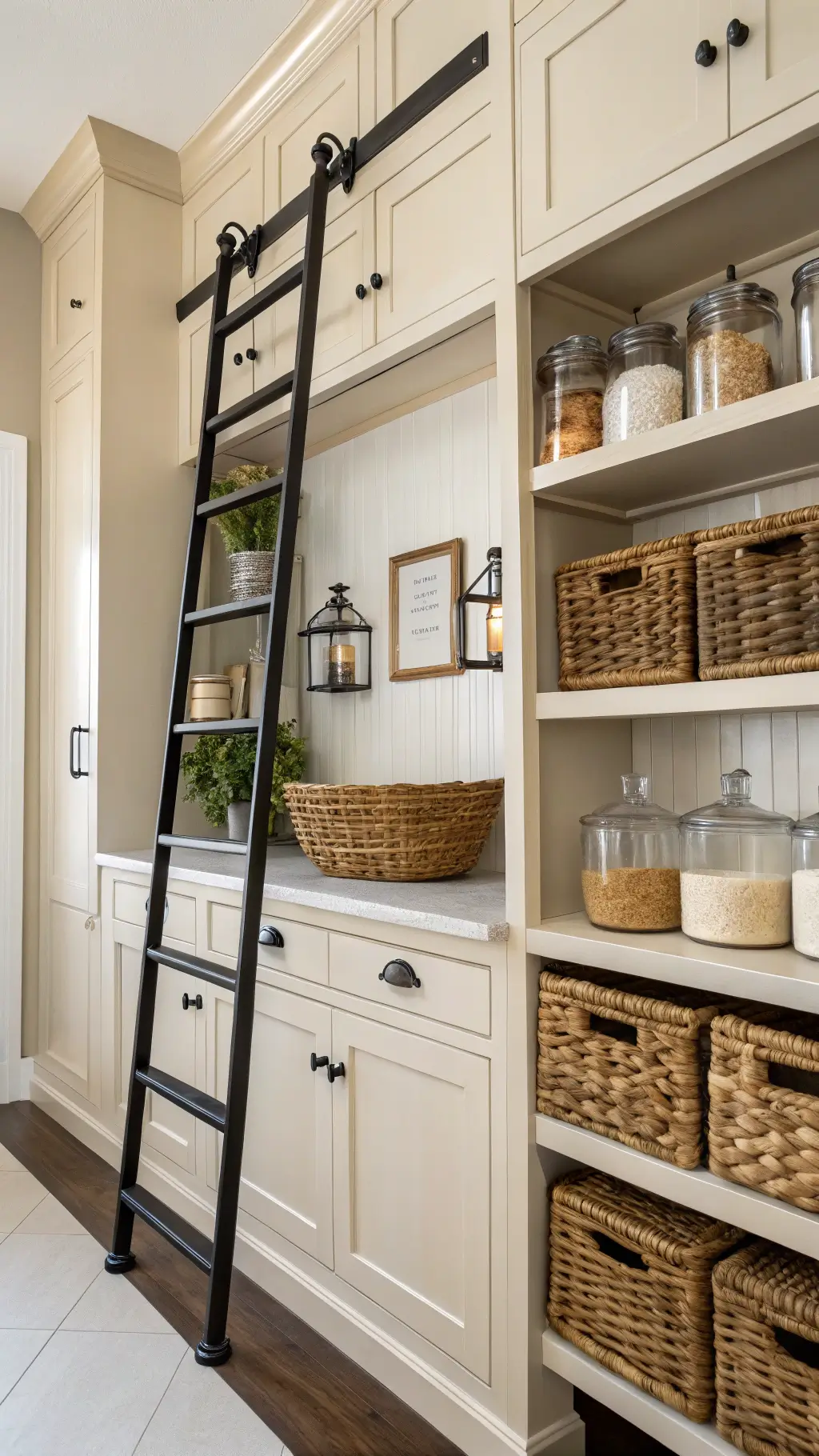 Modern farmhouse kitchen featuring a straight-on shot of a cream cabinet pantry wall adorned with woven baskets, clear glass storage jars and vintage enamelware. A matte black ladder rail system contrasts with the warm cream finish under the glow of industrial sconces, against a backdrop of horizontal shiplap.