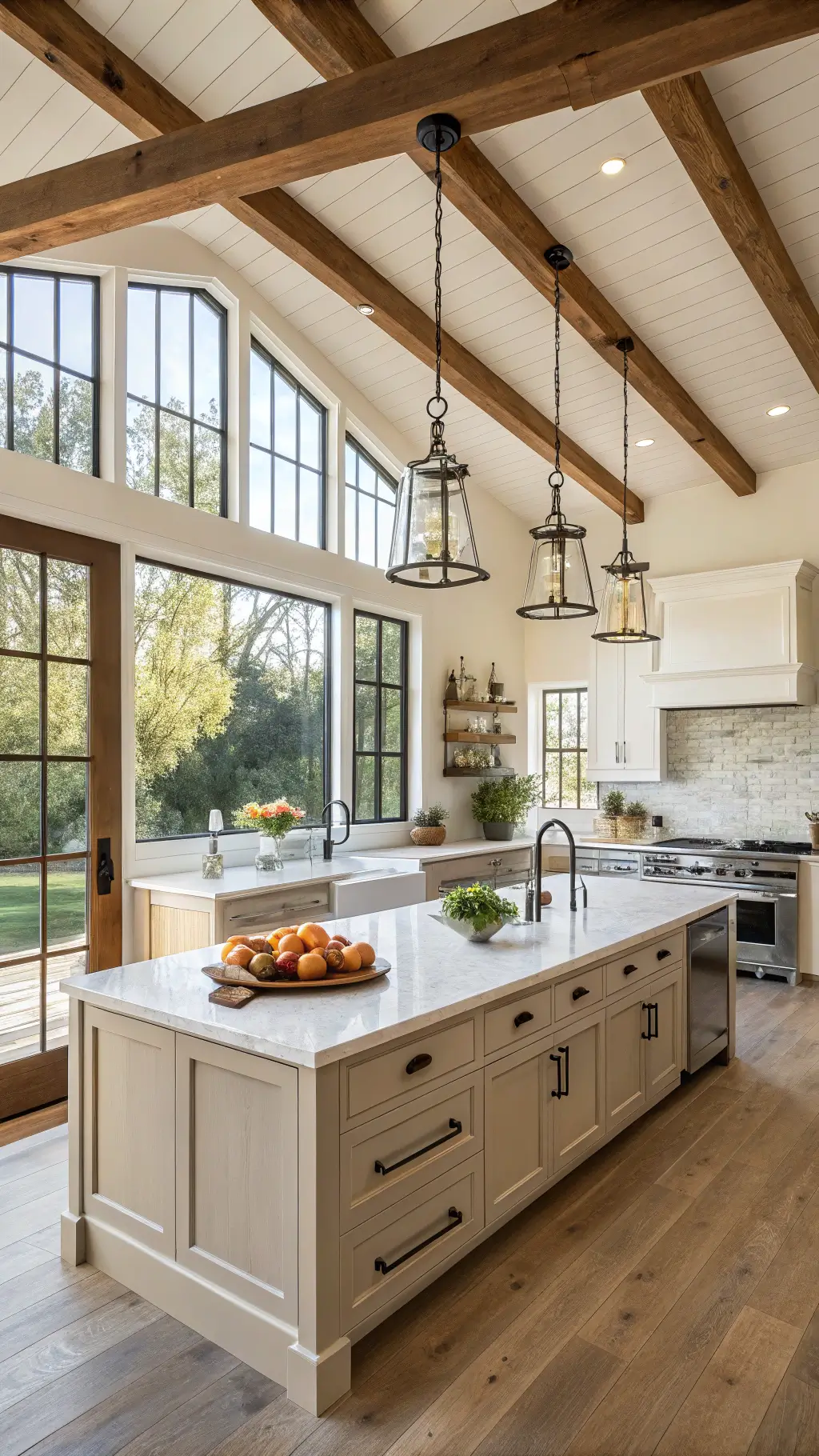 Sunlit modern farmhouse kitchen with spacious design, exposed wooden beams, white oak cabinets with black hardware, marble countertops, subway tile backsplash, vintage pendant lights and fresh herbs in terracotta pots on island.