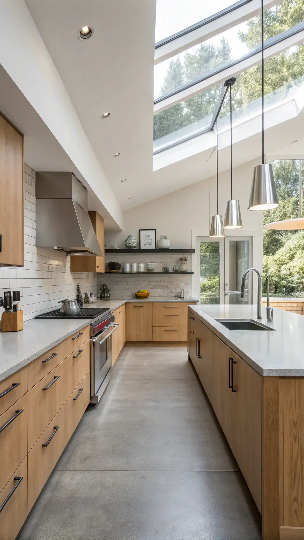 Minimalist kitchen design featuring floor-to-ceiling maple cabinets, stainless steel appliances, concrete countertops, and geometric pendant lights, highlighted by the cool morning light from the skylight.