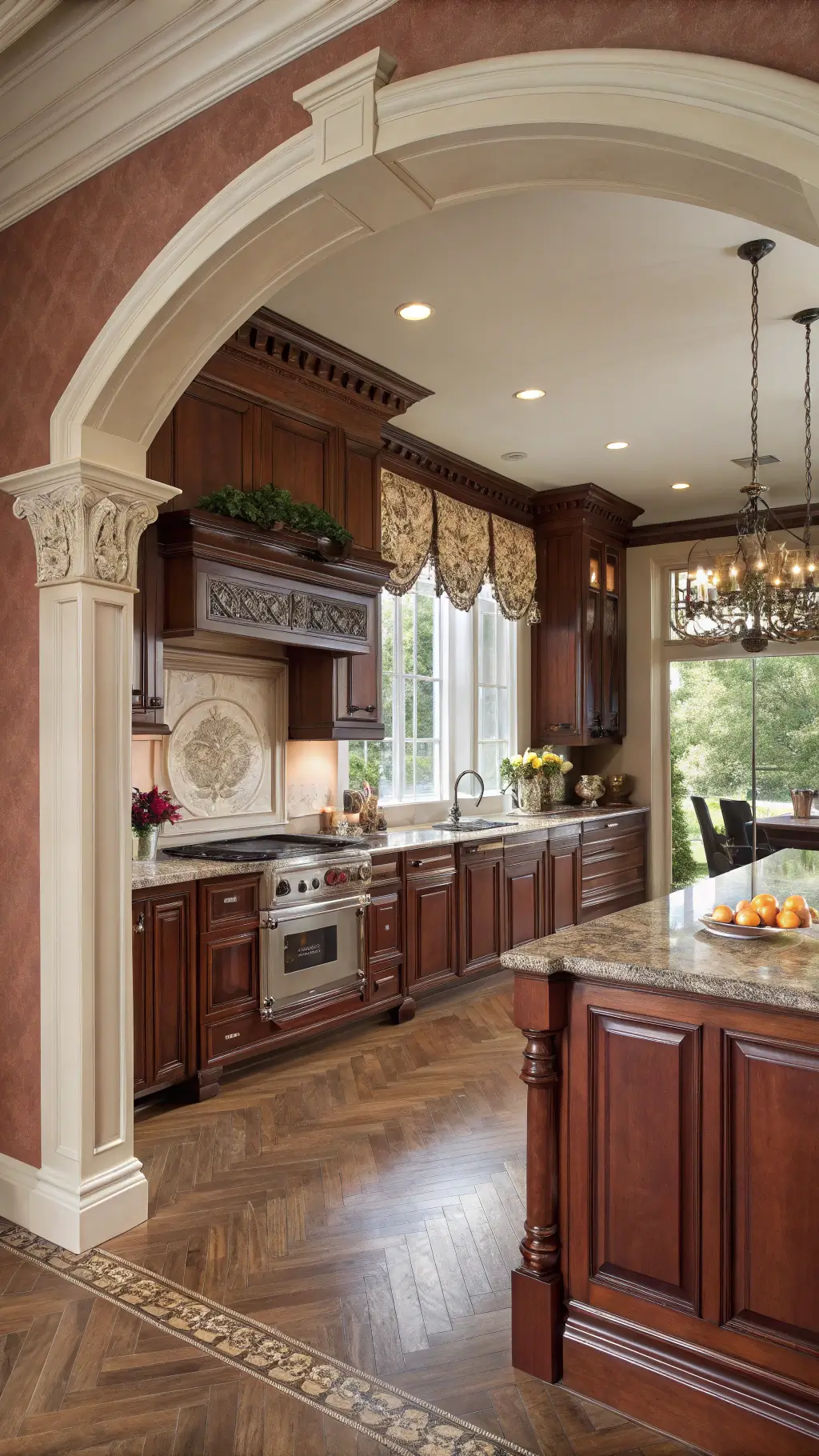 Luxurious cherry estate kitchen with archway entrance, auburn-finished cabinets, ornate moldings, a granite-topped island and herringbone wood floors bathed in warm, afternoon light filtered by Roman shades