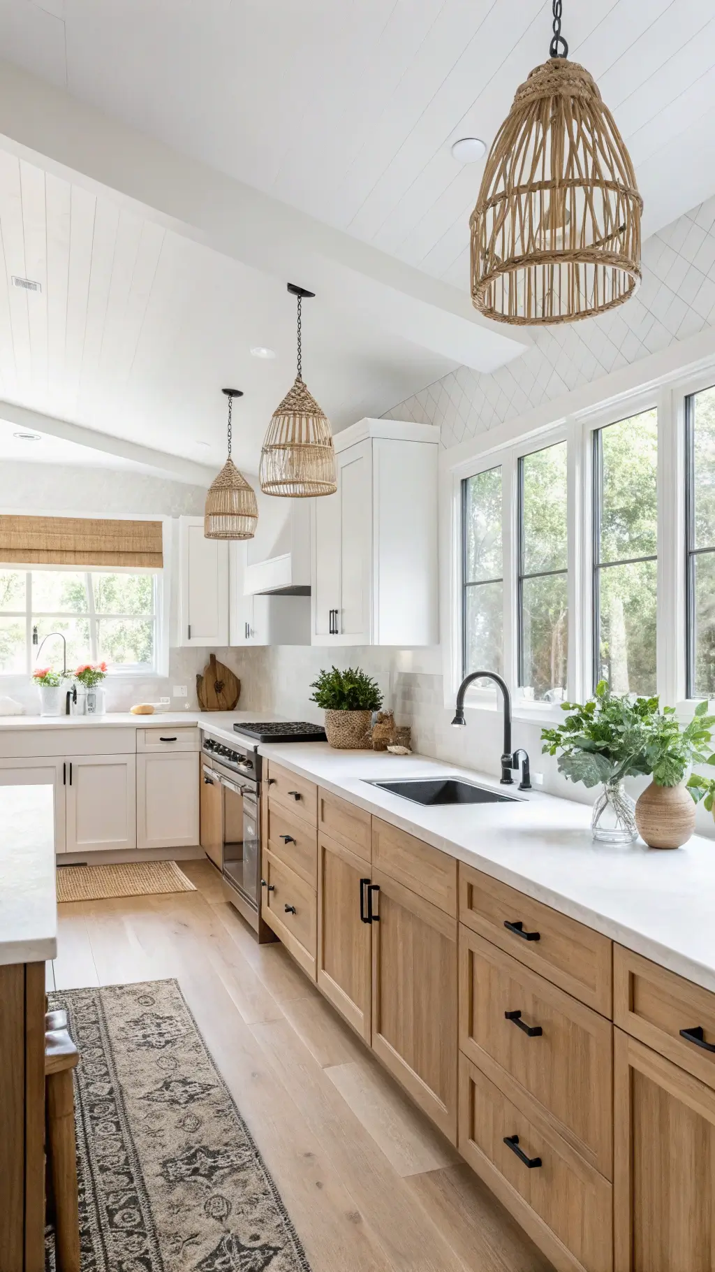 Bright Scandinavian kitchen with blonde oak cabinets, white quartz counters, and minimal decor, dominated by white and light wood tones with touches of black and green.
