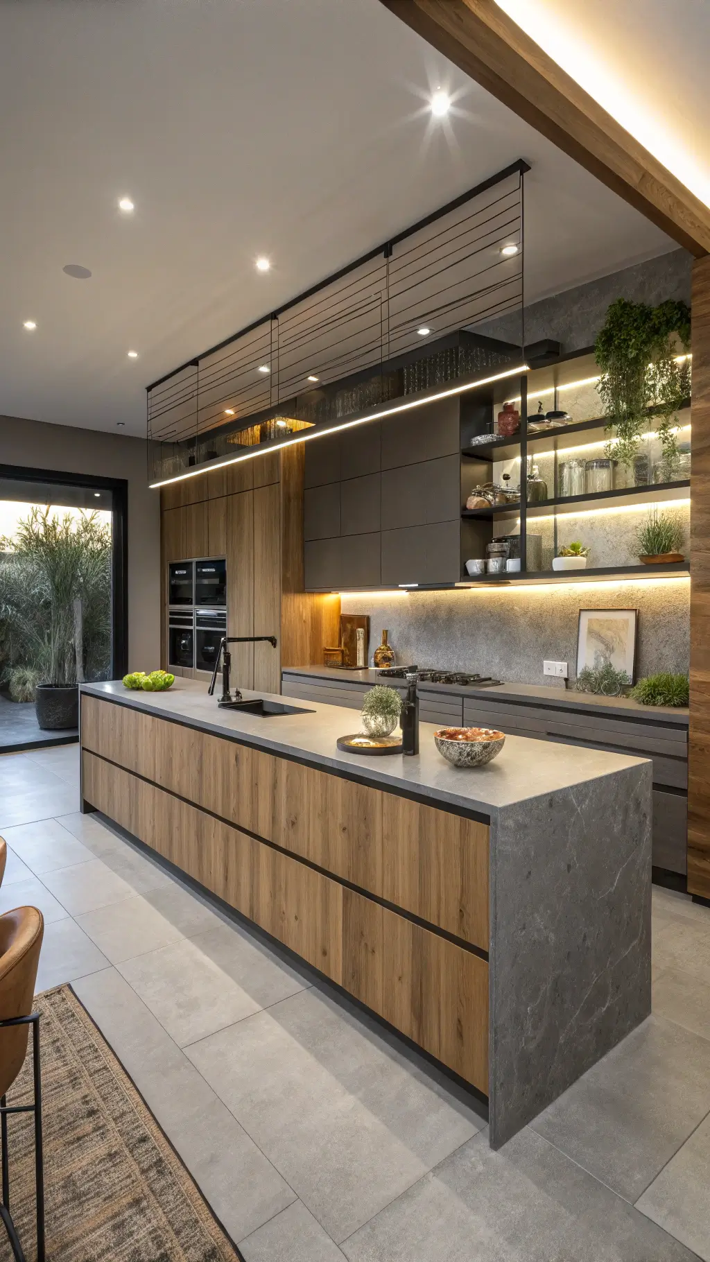 Modern 16x18ft kitchen with rift-cut oak cabinets, metallic grey uppers, LED-lit shelves, wood-concrete island, geometric decor, and architectural plants in warm wood tones, industrial greys and bronze accents