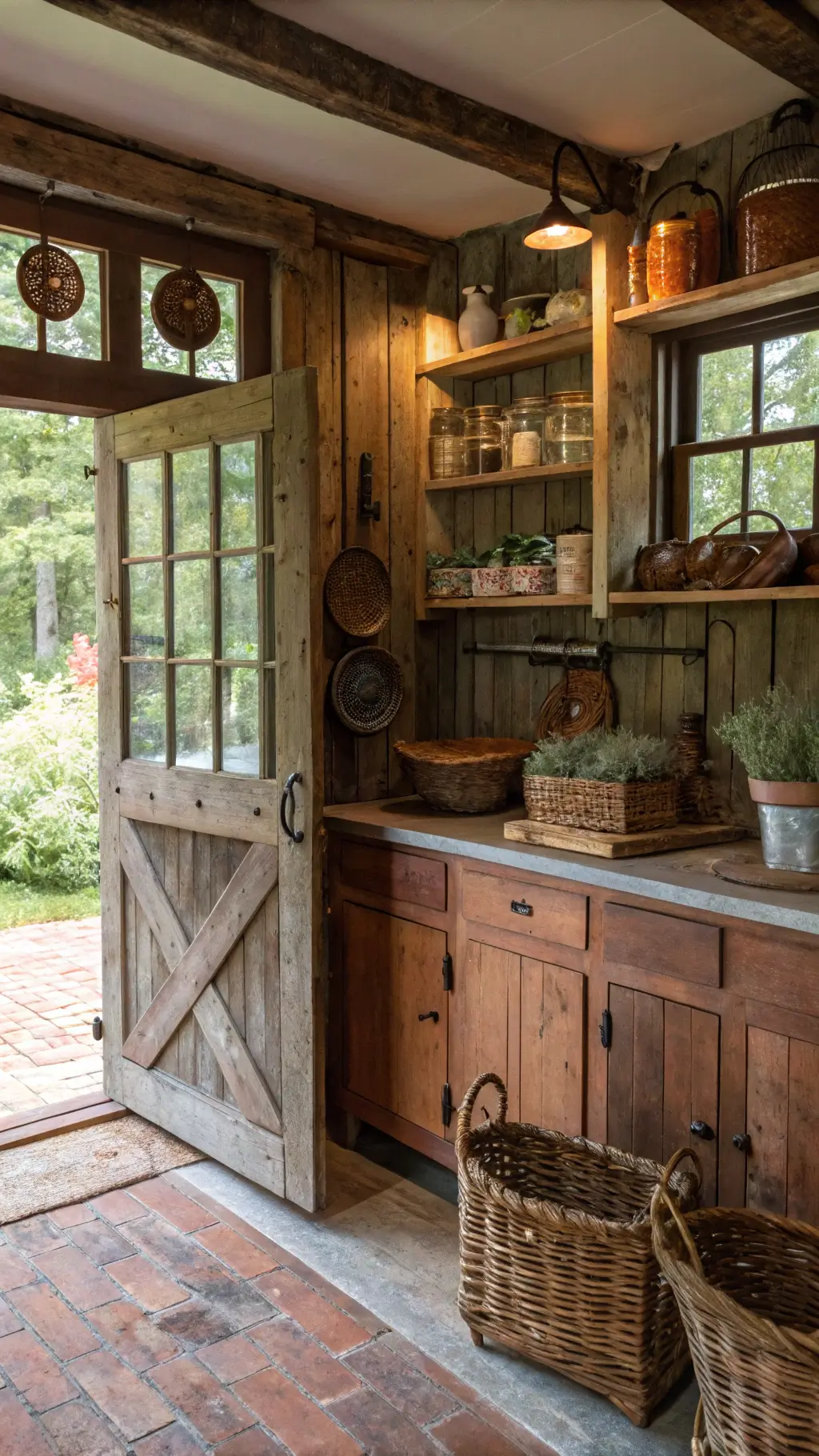 Rustic 13x15ft kitchen featuring reclaimed barn wood cabinets, garden windows, open shelving full of vintage enamelware and mason jars, with decor including woven baskets, dried herbs, and antique copper items, all cast in a soft diffused light.