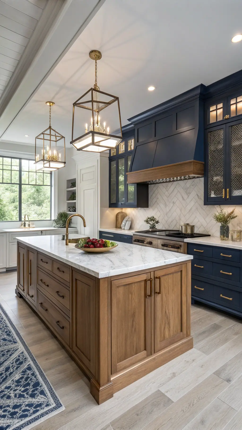 Modern and traditional 18x20ft kitchen with quarter-sawn oak perimeter cabinets, a navy painted central island with marble waterfall edges, accented by brass fixtures, geometric tiles, and curated cookware with dramatic track lighting.