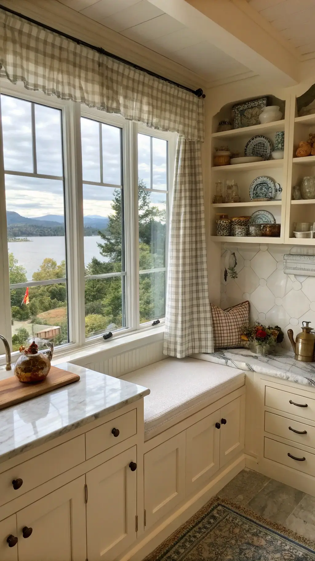 Charming, lived-in cottage kitchen with natural cream cabinets, white marble counters, gingham curtains, and a vintage pottery collection. Sunlight filters through lace curtains onto the window seat.