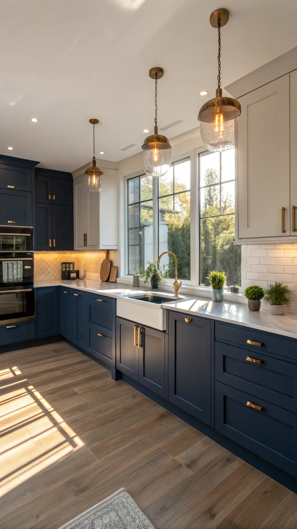 Modern kitchen with navy blue handleless cabinets, integrated appliances, white oak herringbone floors, and brass accents, bathed in the soft light of golden hour.