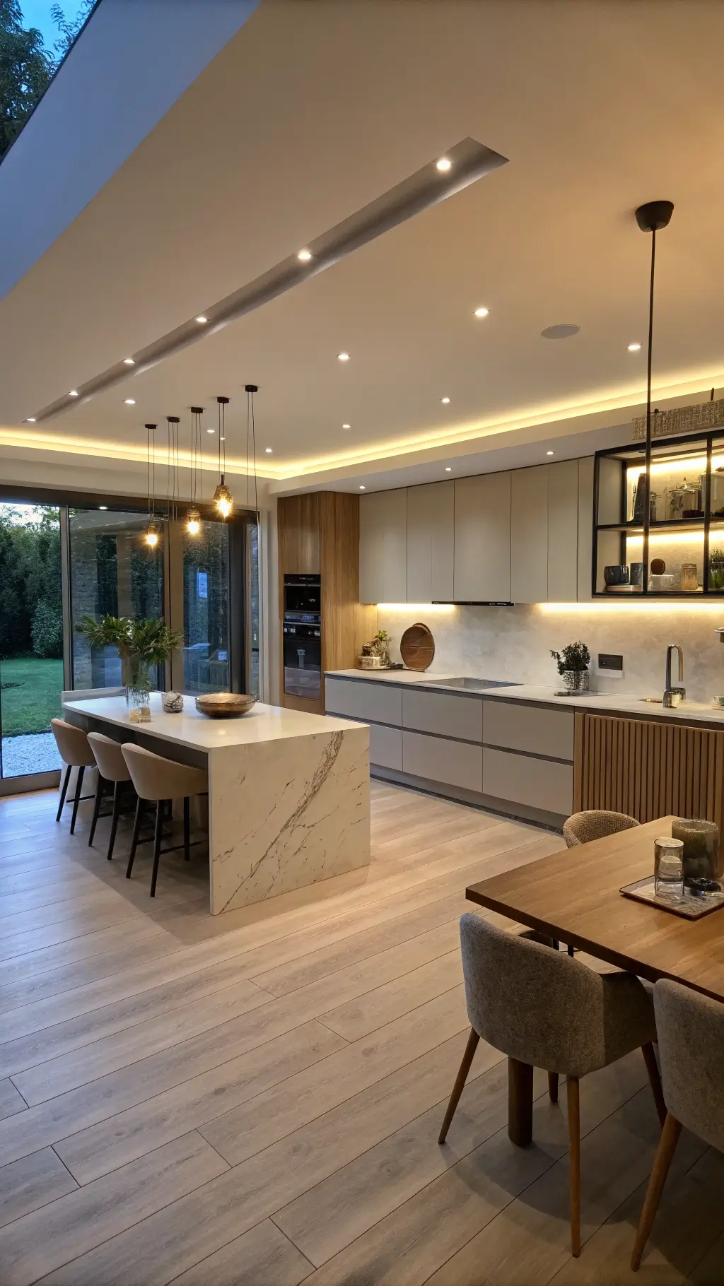 Spacious greige kitchen-diner with handleless cabinets, integrated lighting, floating shelves with ceramics, an oversized island, woven pendants, and linen curtains under atmospheric evening lighting.