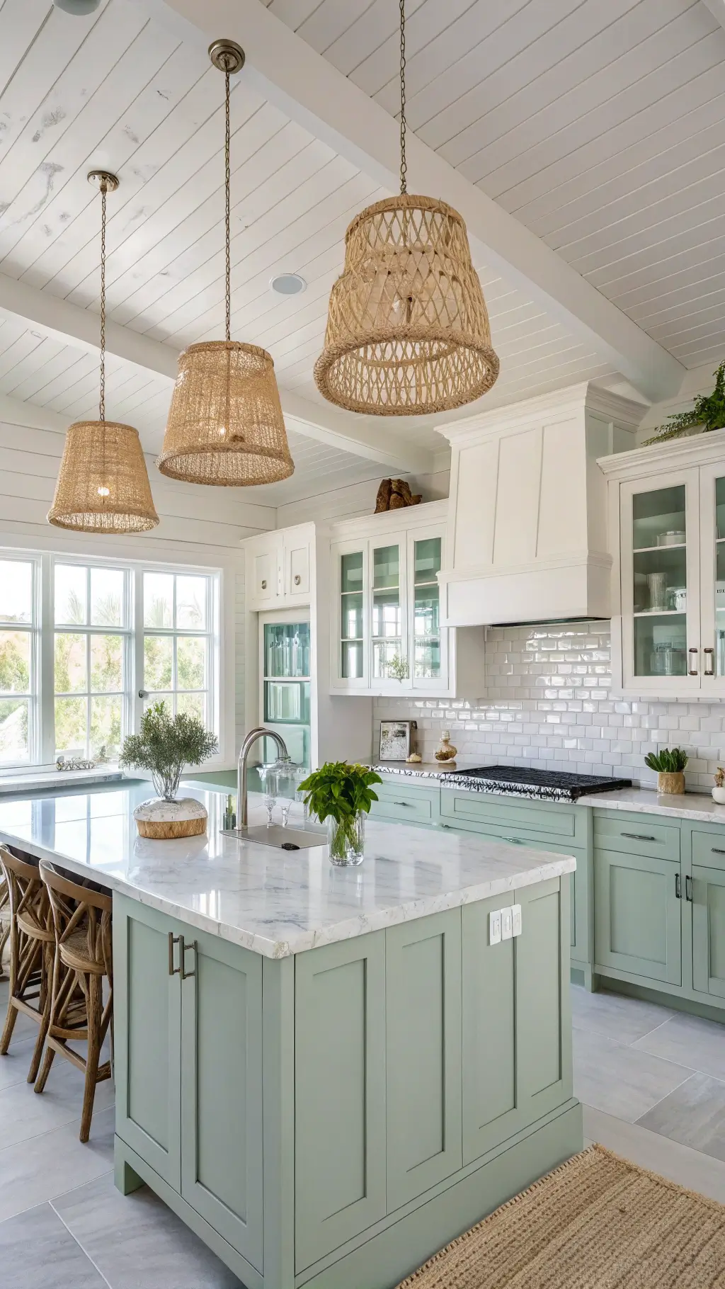 Sun-drenched 18x22ft kitchen with white-washed ceiling beams, pale sage cabinets, marble counters, white tile backsplash, rattan pendant lights, styled with coastal artifacts and pale blue accents.