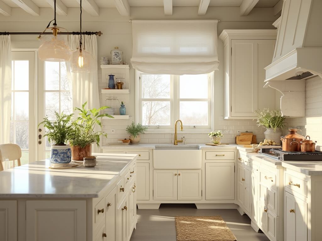 "Off-white coastal kitchen with warm sunlight filtering through large windows, featuring marble countertops, brass hardware, and coastal decor."