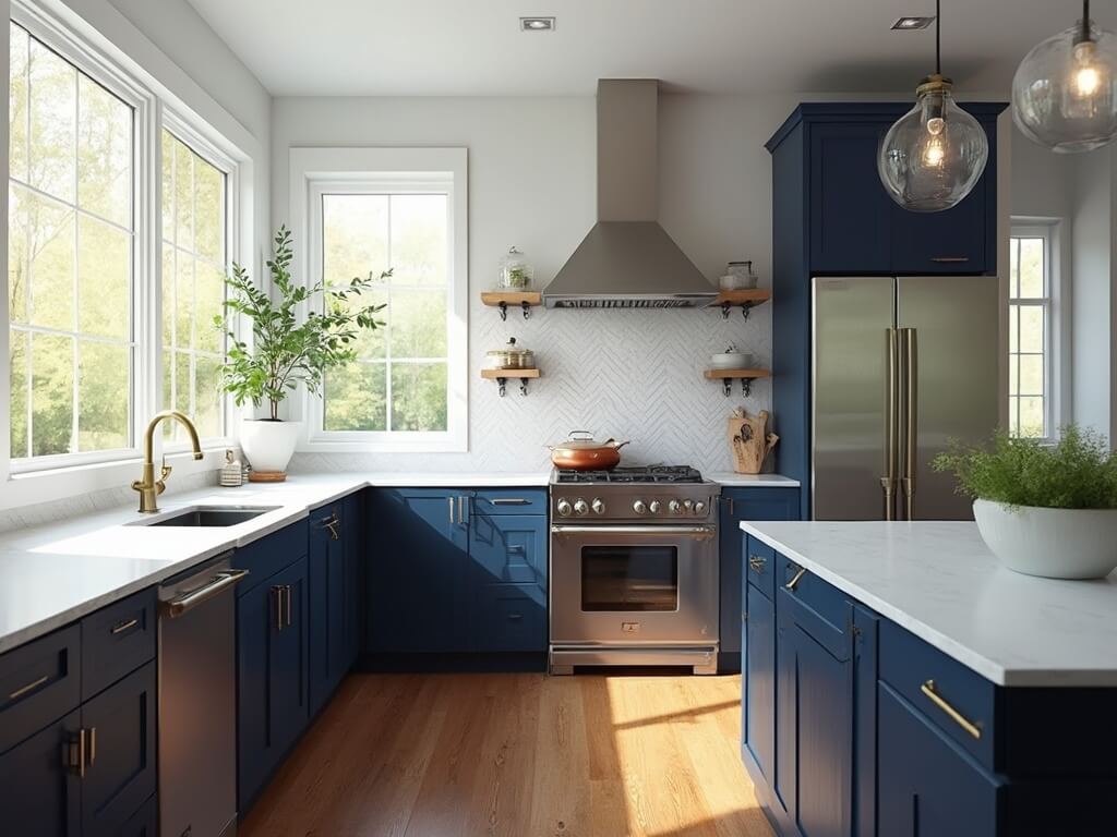 "Luxurious contemporary kitchen with navy blue cabinets, white quartz countertops and professional-grade stainless steel appliances in bright morning light"
