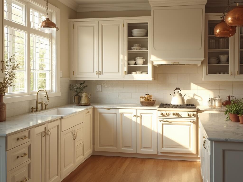 "Elegant cream kitchen with shaker-style cabinets, Carrara marble countertops, and antiqued brass hardware, illuminated by golden hour light."