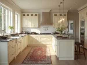 "Spacious transitional kitchen with warm cream Shaker-style cabinets, dark granite countertops, white subway tile backsplash and gold accents in natural morning light"