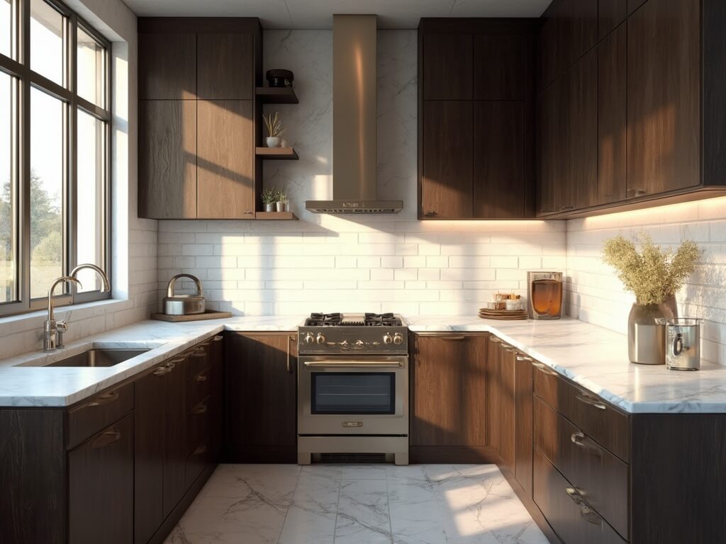 "Luxurious modern kitchen with dark cabinets, marble countertops, and professional-grade appliances bathed in morning sunlight"