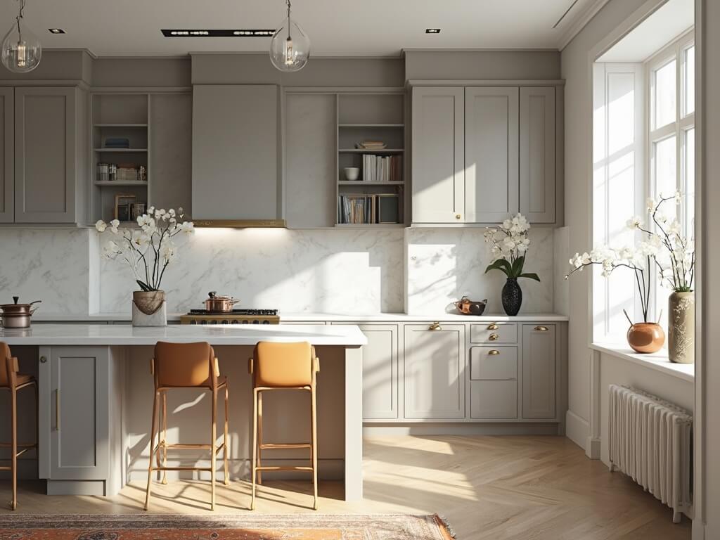 "Luxury grey Shaker-style kitchen with brass hardware, Carrara marble countertops, oak flooring, and dawn light streaming through large windows"