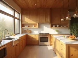 "Sun-drenched modern farmhouse kitchen with natural hickory cabinets, white quartz waterfall countertops, brushed brass hardware, and professional-grade stainless steel appliances."