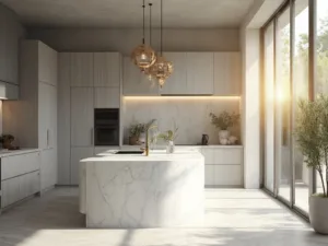 "Spacious luxury kitchen with grey cabinets, white marble island, brass pendant lights, and morning sunlight streaming in"