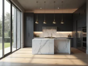 "Spacious modern kitchen with dark grey cabinets, a large white quartz island, calacatta marble backsplash and professional-grade stainless steel appliances, illuminated by natural morning light."