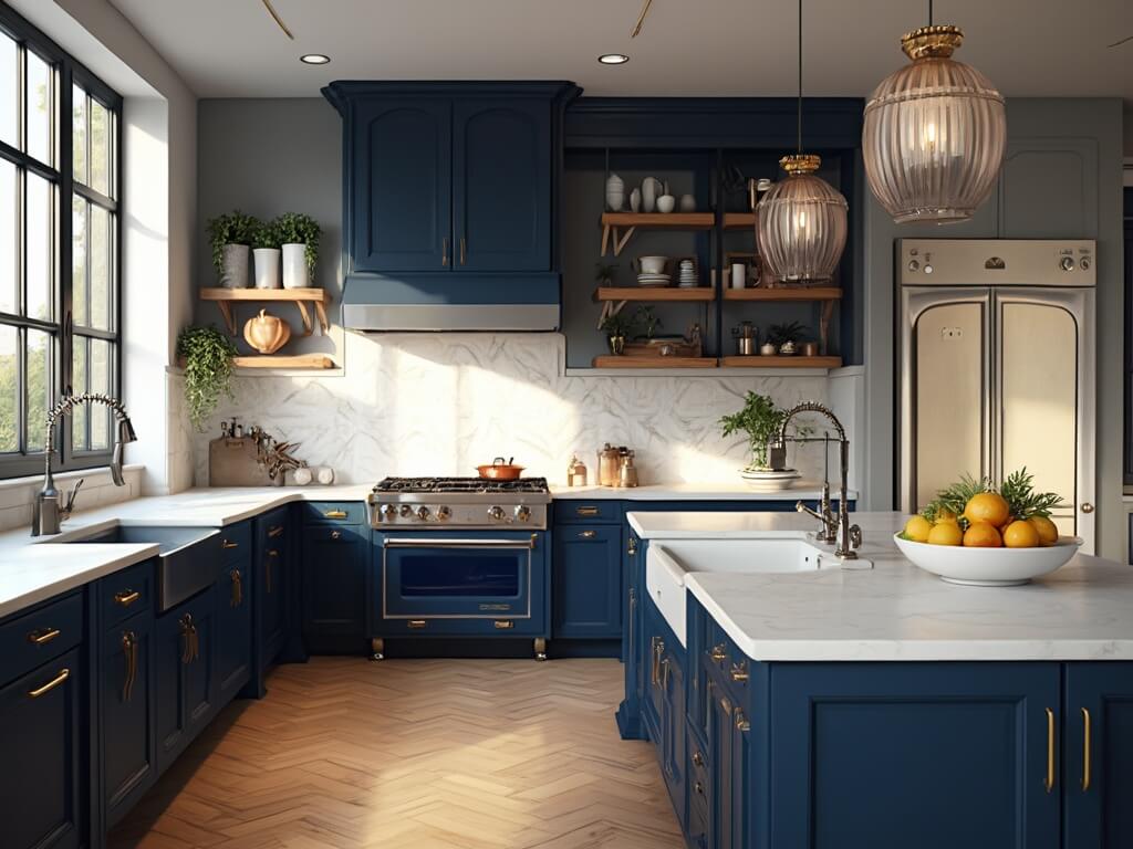 "Navy blue luxury kitchen featuring brass hardware, quartz countertops, marble herringbone backsplash, and professional-grade appliances"
