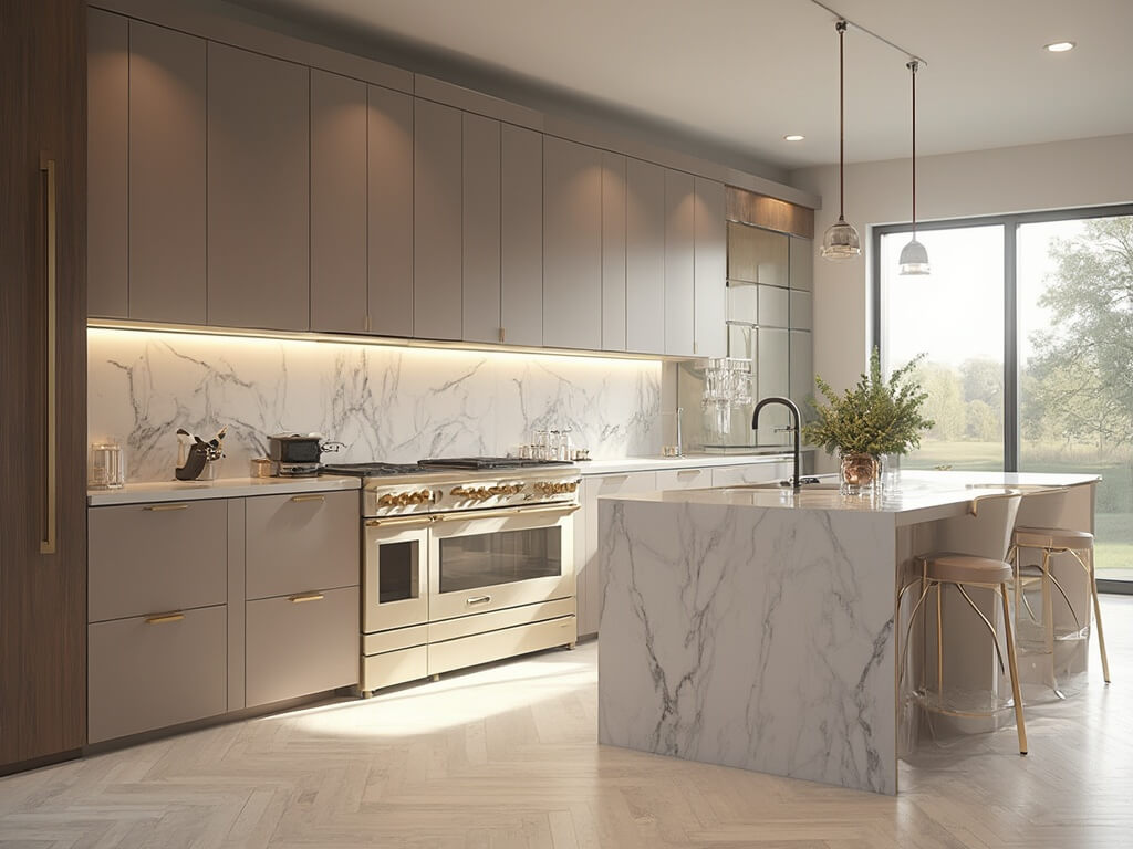 "Luxury taupe modern kitchen with marble countertops, brass accents, and morning sunlight"